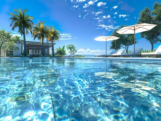 Obraz premium Luxury swimming pool with tropical flowers and loungers under bright summer sky