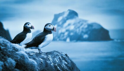 Fototapeta premium Atlantic puffins (Fratercula arctica) on a rock 