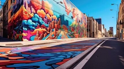 A street with colorful graffiti on it. Generative AI.