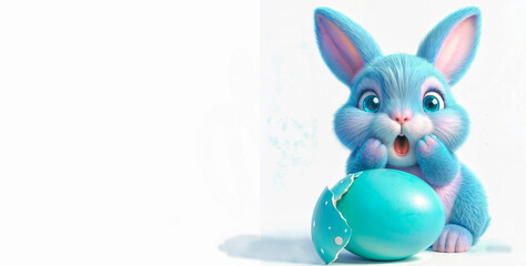 Easter bunny with blue egg on white background. Happy Easter concept.