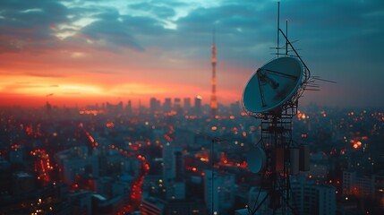 Urban skyline at dusk featuring a prominent satellite antenna - obrazy, fototapety, plakaty