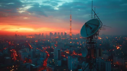 Foto op Plexiglas Urban skyline at dusk featuring a prominent satellite antenna © vectorizer88