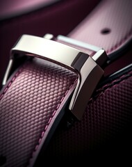 A close up of a purple leather belt with a buckle. Generative AI. - obrazy, fototapety, plakaty