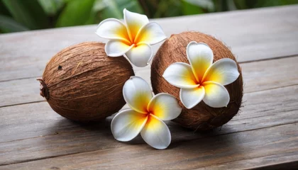 Keuken spatwand met foto Coconuts and plumeria flowers on a tropical beach © Andrey