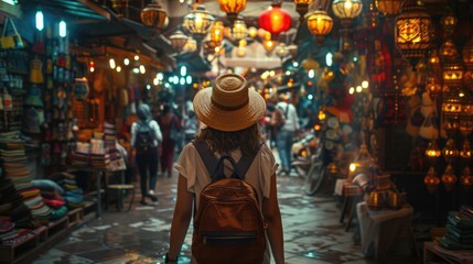 A woman strolling over a unique market street with a rucksack and hat. Generative Ai.