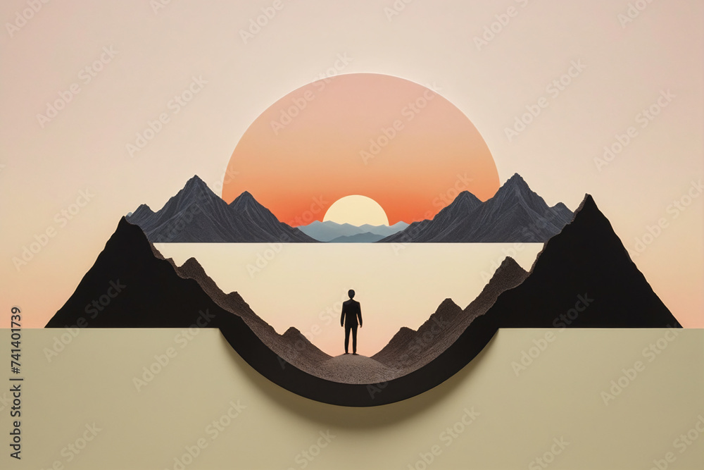 Wall mural Small centered composition, product shot, plain background, wallpaper art, in the center is an image of a dawn, surreal, mountains, surrealism, tiny - Wall murals