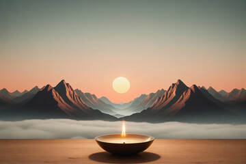 Small centered composition, product shot, plain background, wallpaper art, in the center is an image of a dawn, surreal, mountains, surrealism, tiny