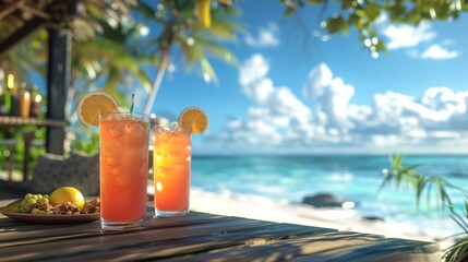 Tropical beach bar drinks with ocean view and sunny skies