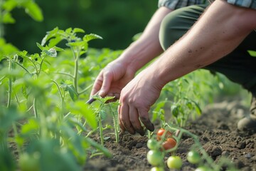 man testing soil moisture near tomato plants