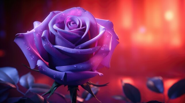 A purple rose is shown in front of a red background. Generative AI.
