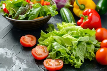 fresh ingredients for salad arranged around a salad bowl