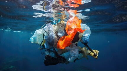 Plastic pollution in the ocean. Generative AI.