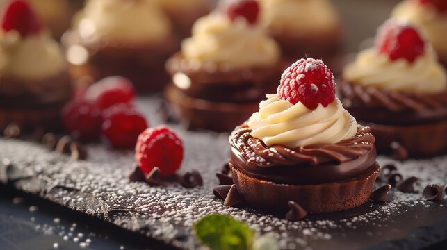 Sunlit dessert spread with elegant chocolate garnishes, no artificial lighting
