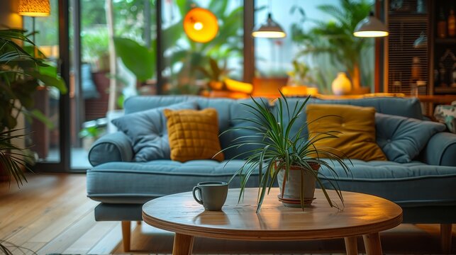 Wooden accents and soft lighting create homey lounge vibes