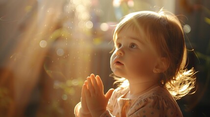 Little little girl praying at church. Generative Ai.