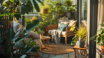 Beautifully decorated urban balcony with plants, comfy chair, cushions, round woven rug during the sunset. Home decor, relaxation, enjoying nature amidst an urban setting. - obrazy, fototapety, plakaty