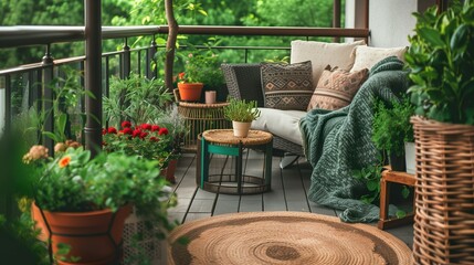 Cozy balcony with lush greenery, comfortable seating, comfy cushions. Interior exterior design, home decor, relaxation, enjoying nature amidst an urban setting. - obrazy, fototapety, plakaty