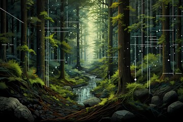 A serene forest scene where trees and foliage subtly morph into intricate stock market graphs, creating a harmonious blend of nature and finance.
