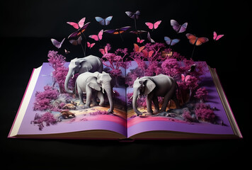 elephants with butterflies standing on a book on world book day.