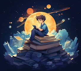 stack of books one overnight letter on it and kid preschooler boy or girl stepping sitting on top.cartoon or realistic style, generative ai image.back to school