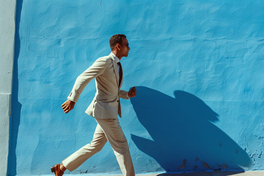 a male businessman running with blue wall,