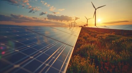 Solar panels and wind turbines of today provide sunset light. Generative Ai.