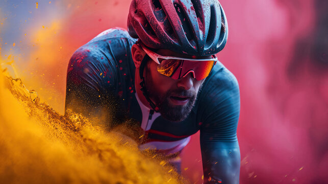 Focused cyclist in action amidst dynamic color burst, concept of speed, determination, and outdoor sports