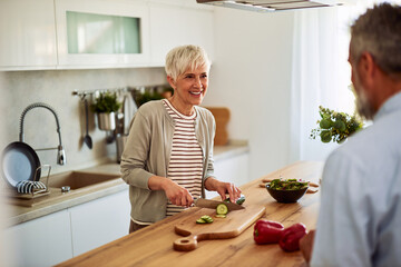 A smiling senior woman cutting a cucumber and preparing a salad on in the kitchen while talking...