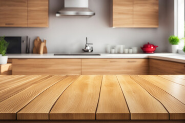 Fototapeta na wymiar Empty Wooden Table with Kitchen Blurred Background
