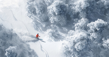 a bird's eye view of a skier in a snowy snow covered field, in the style of red, photo-realistic landscapes