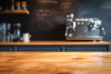 Fototapeta na wymiar pristine wooden table, espresso machine out of focus behind