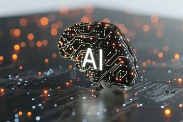 AI Brain Chip pressure sensors. Artificial Intelligence audio jacks mind digital footprint axon. Semiconductor persuasion circuit board neuronal homeostasis - obrazy, fototapety, plakaty