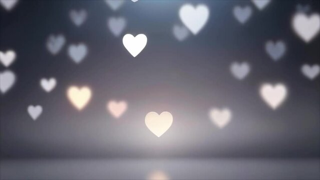 Video, background. Silver bokeh in the shape of hearts on a dark background. AI generative.