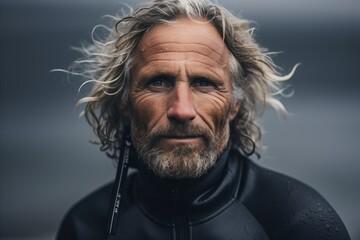 Portrait of a senior man with wavy hair wearing wetsuit