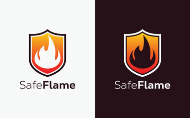 Minimalist Fire Flame and shield vector logo. Modern colorful Fire Flame and shield vector logo. Safe fire, Crest and ingle logo
