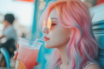 woman with pink hair holding a glass of cocktail