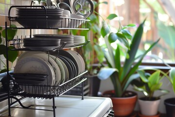 dish rack full of dinnerware with kitchen plants in the background - obrazy, fototapety, plakaty