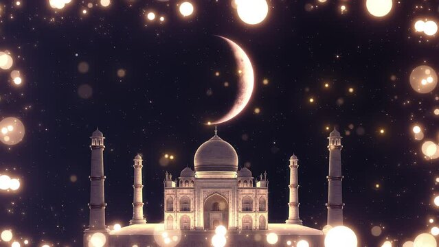 Ramadan Taj Mahal with Crescent Moon Loop. Taj Mahal with crescent moon and bokeh glittering on background in a seamless loop.