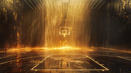 basketball court with a spotlight, in the style of dark gold - obrazy, fototapety, plakaty