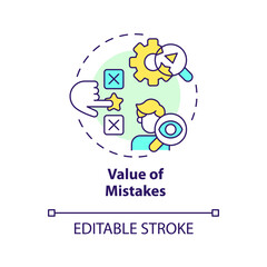 Value of mistakes multi color concept icon. Learning trial by error. Researching. Problem solving. Round shape line illustration. Abstract idea. Graphic design. Easy to use in presentation