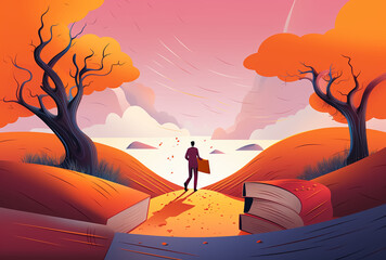 person on the beach surrounded with books and trees.