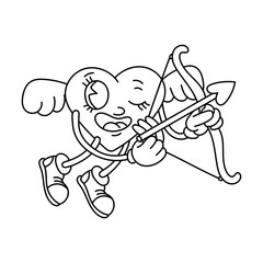 Fototapeta premium Doodle outline of a retro heart with wings releasing an arrow. A male character in a heart-shaped retro grooves style, isolated on a white background, shoots an arrow. Vector Valentine's Day
