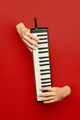 Hand playing a melodic, vertical keyboard against a red background. Poster for a music festival...