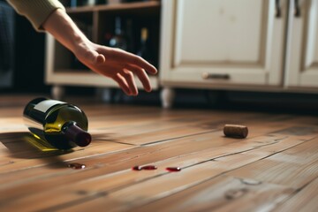 persons hand reaching for a fallen wine bottle on hardwood floor