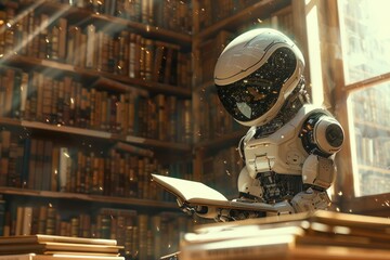 Futuristic robot embodies convergence of technology and education humanoid form marvel of cybernetic engineering delves into book symbolizing dawn of AI driven learning