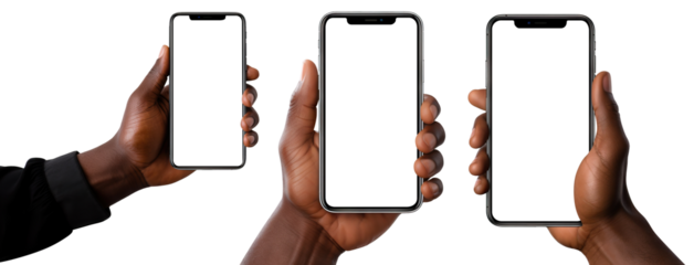 Set of mobile phones in hands of African American men, cut out