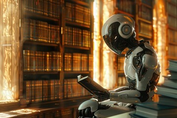 Fototapeta premium Futuristic robot embodies convergence of technology and education humanoid form marvel of cybernetic engineering delves into book symbolizing dawn of AI driven learning