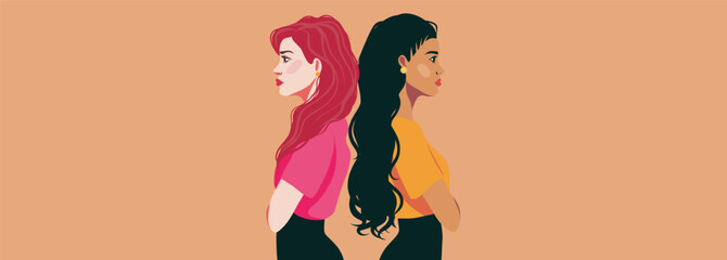 Vector horizontal banner with space for text. Two strong women stand with their backs to each other. Concept of the movement for gender equality and women's empowerment