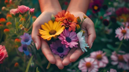 Foto op Plexiglas Woman hands holding a vibrant mix of summer flowers in a lush garden, yellow blooms, pink daisies background © lanters_fla