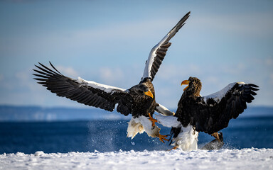 Steller's sea eagles fighting over fish, Hokkaido, Japan